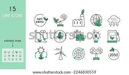 Net zero line icon set. Carbon neutral and net zero concept.  Green energy, CO2 neutral, save Earth. Editable vector stroke. Minimal vector illustration. Simple outline sign for ecology 48x48 Pixel  Royalty-Free Stock Photo #2246830559
