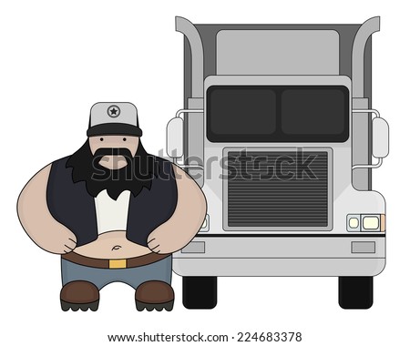 Fat round flat cartoon style black beard truck driver. In trucker cap standing near big cargo car. Color illustration isolated on white