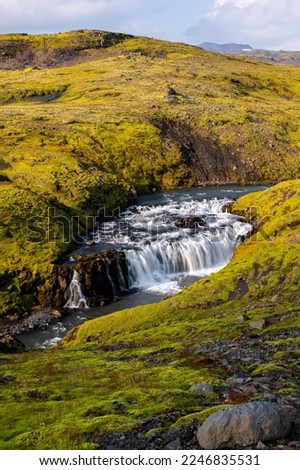 Long exposure view of famous waterfalls of river Skógá. Skógafoss. Magnificent Iceland in august. Fimmvörðuháls Hiking Trail. Popular Travel destinations. Fosstorfufoss waterfall