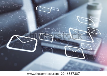 Creative concept of postal envelopes illustration on modern laptop background. Email and communications concept. Multiexposure