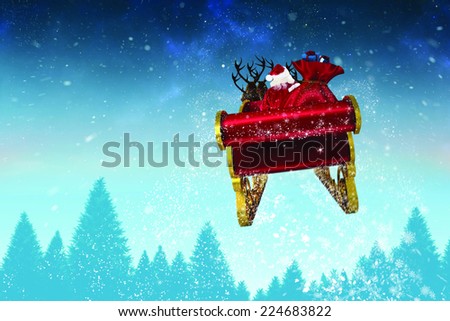 Santa flying his sleigh against fir tree forest