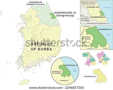 Gangneung-si (Gangneung) location on Gangwon-do (Gangwon Province) and Republic of Korea (South Korea) map. Clored. Vectored Royalty-Free Stock Photo #2246857365