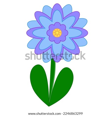Blue flower and green leaves, isolated graphic illustration