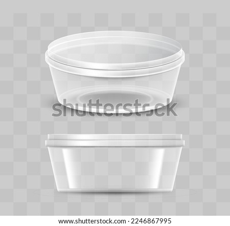 Empty plastic container for sauce with transparent lid isolated. Packaging for food seasoning, dip, yogurt, servings template mockup with cap. Realistic vector illustration Royalty-Free Stock Photo #2246867995