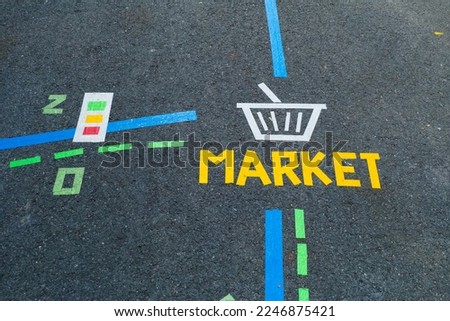 Market drawing on road , map paint outdoors.