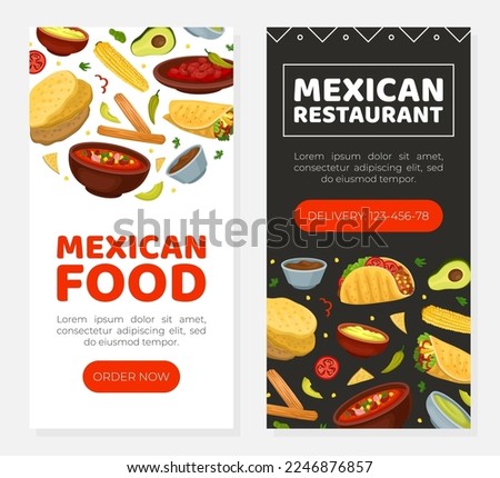 Mexican food mobile app templates set. Mexican traditional food cafe, restaurant, bar, delivery service landing page, website cartoon vector