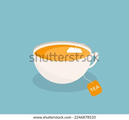 The cup of tea and the pack of tea on the blue background.