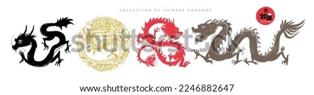 Сollection of Chinese hand drawn dragons. painted with a brush stroke black, gold, red, brown. Traditional Chinese Dragon. Set of asian dragons. Happy Chinese New Year 2024 year. Vector illustration.