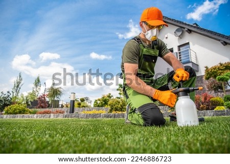 Professional Gardener Wearing Full Face Mask and Safety Glasses Getting Ready to Apply Pesticides on the Lawn Grass with One Handed Pump Sprayer. Royalty-Free Stock Photo #2246886723