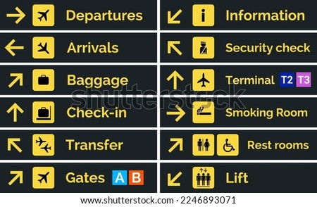 Airport sign departure arrival travel icon. Vector airport board airline sign, gate flight information Royalty-Free Stock Photo #2246893071