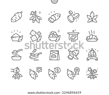Cassava root. Cooking, recipes and price. Nature vegetable organic food nutrition. Cassava crisps. Pixel Perfect Vector Thin Line Icons. Simple Minimal Pictogram Royalty-Free Stock Photo #2246896659