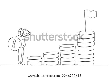 Drawing of businesswoman carrying money coin start step on compound money stack start invest. Single continuous line art style