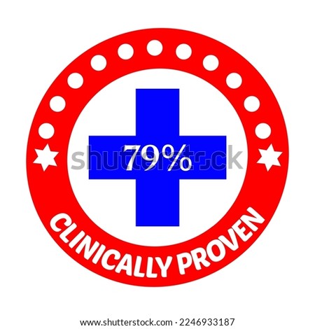 79% percentage clinically proven sign label vector art illustration. Blue and Red Color isolated on white background.