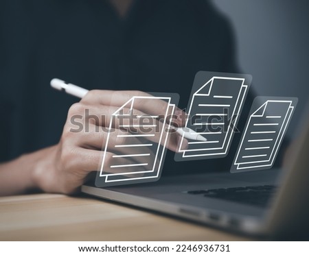 business people use laptop to manage electronic documents The concept of efficient access to an online corporate business document database. Internet file system Digital technology paperless office