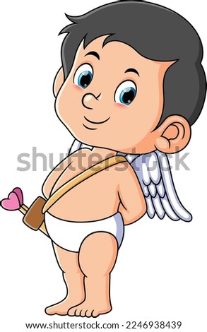 The cute cupid is standing up straight and hiding something of illustration