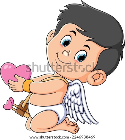 The happy cupid boy is holding the love for gift of illustration