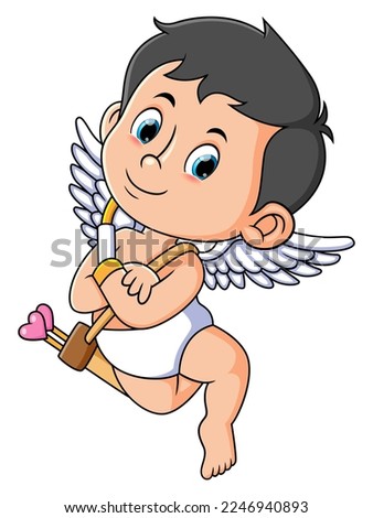 The cute cupid boy is posing with the love arrow of illustration