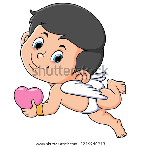 The cute cupid boy is flying and holding the love sign of illustration