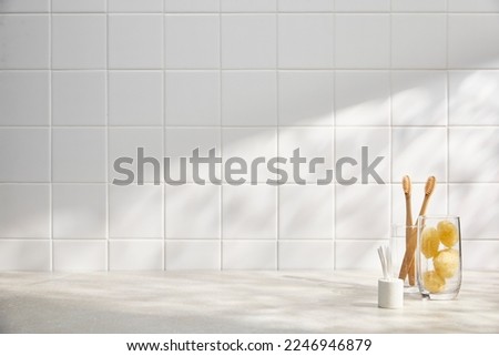 Various props in the bathroom background