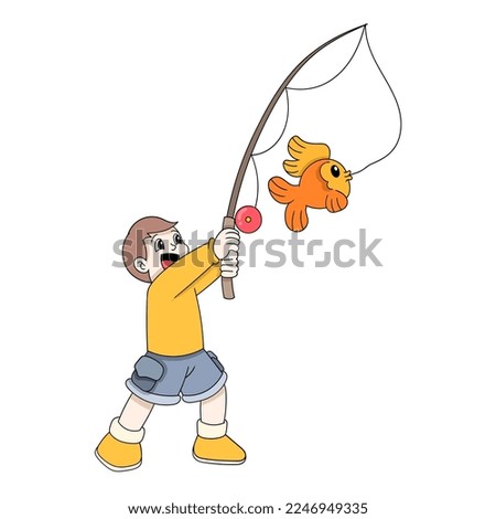 kid boy is fishing in the pond. vector design illustration art