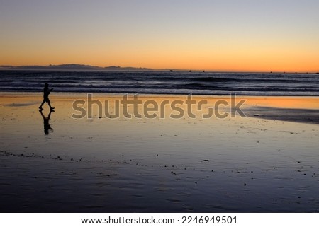 Sunset on the beach with a silhouette of a person walking with an orange, grey and blue sky. Person is smaller and on the left side of the frame.