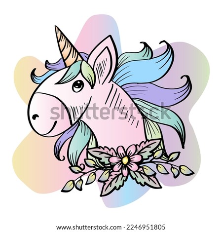 Cartoon unicorn head with flowers.
