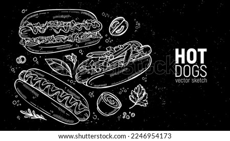 Set of street food. Fast food, hot dog, classic and with vegetables, sauce, ketchup. Hand drawing sketches