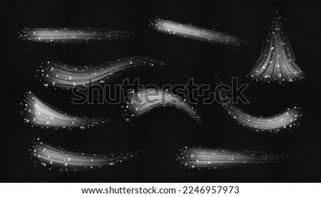 Air flow, wind blowing effect, fresh cold trails with snowflakes. Clean light mist, smoke or blizzard isolated on black background. White flow streams, freezing fog, Realistic 3d vector illustration