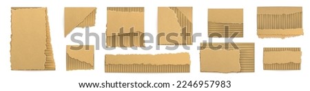 Set of torn brown cardboard pieces isolated on white background. Realictic vector illustration of ripped craft paper or carton with uneven edges and damaged texture. Scrap material for recycling Royalty-Free Stock Photo #2246957983