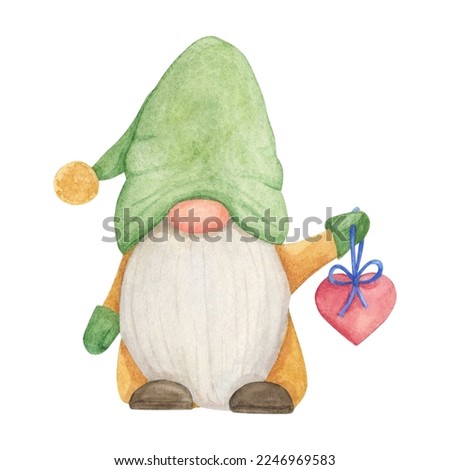 Cute watercolor gnome with  heart in his hand. Symbol for decoration on Valentine's Day. Cartoon character.