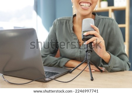 Laptop, podcast microphone and black woman live streaming business tips in home office. Influencer, broadcast and hand of female podcaster, radio host or presenter recording audio for social media.