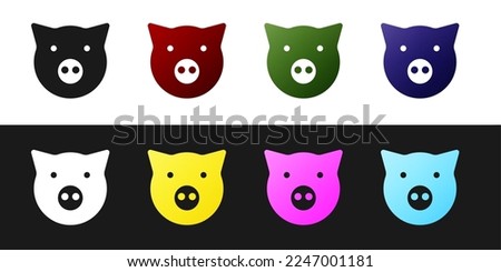 Set Pig icon isolated on black and white background. Animal symbol.  Vector