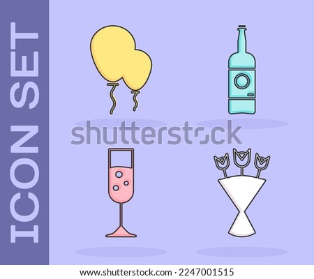 Set Bouquet of flowers , Balloons with ribbon , Glass of champagne  and Beer bottle  icon. Vector