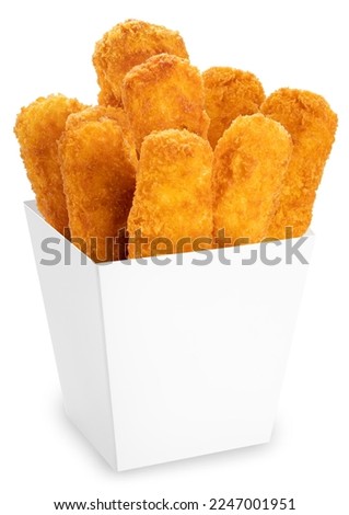 Fried Fish sticks in paper bucket isolated on white, Fried fish fingers  Isolated on White background, With work path. Royalty-Free Stock Photo #2247001951