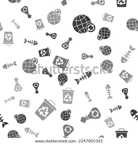 Set Planet earth and a recycling, Garbage bag with recycle, Fish skeleton and Recycle bin with recycle symbol on seamless pattern. Vector