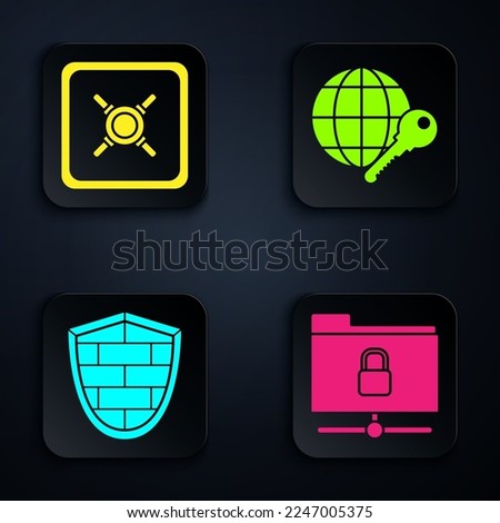 Set FTP folder and lock , Safe , Shield with cyber security brick wall  and Globe key . Black square button. Vector