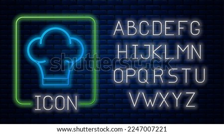 Glowing neon Chef hat icon isolated on brick wall background. Cooking symbol. Cooks hat. Neon light alphabet. Vector