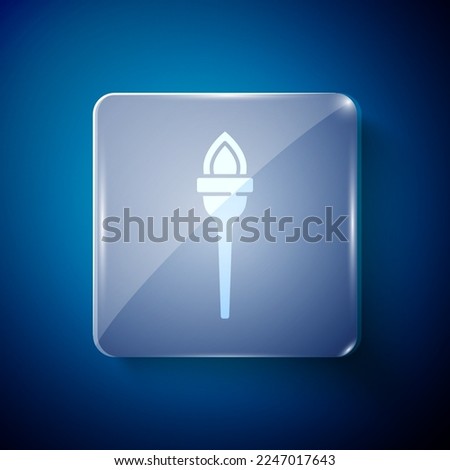 White Torch flame icon isolated on blue background. Symbol fire hot, flame power, flaming and heat. Square glass panels. Vector