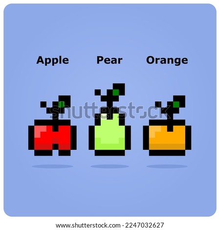 8 Bit Pixels Healthy food, orange fruits, apple fruits, and pear. Vegetarian foods icon for Retro games in vector illustrations.