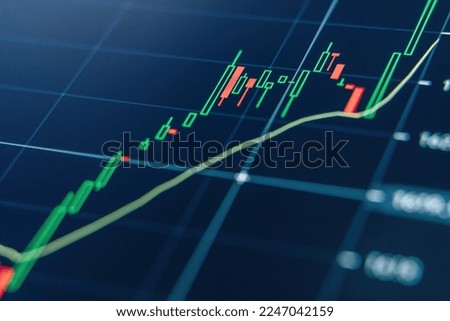 Closeup of stock market volatility of crypto trading with technical price graph and indicator, red and green candlesticks on blue display background