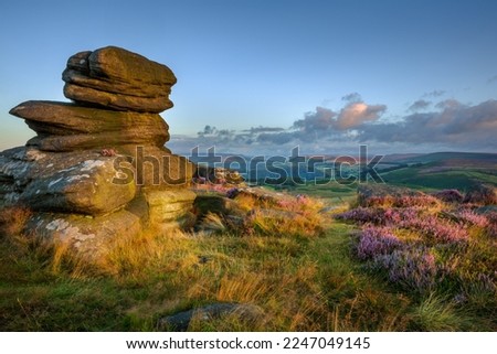 Last light at Millstone Edge near Hathersage in the Peak District National Park, Derbyshire. Royalty-Free Stock Photo #2247049145