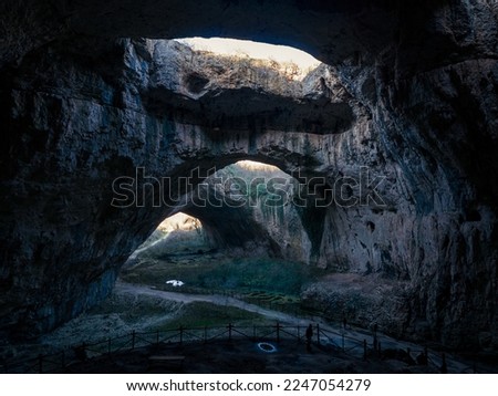 Drone view inside Devetashka cave in north Bulgaria, near Lovech town