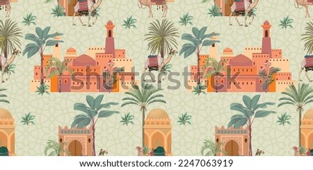 Middle Eastern Arabic pattern with camel, palace, arch. Dubai seamless illustration vector Royalty-Free Stock Photo #2247063919