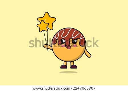 Cute cartoon Takoyaki floating with star balloon cartoon vector illustration