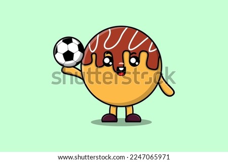 Cute cartoon Takoyaki character playing football in flat cartoon style illustration