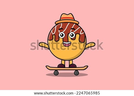 cute cartoon Takoyaki standing on skateboard with cartoon vector illustration style