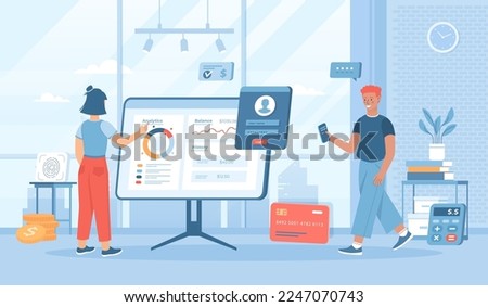 Virtual finance. Online banking and accounting. Online paying, financial transactions, accounting research. Flat cartoon vector illustration with people characters for banner, website design