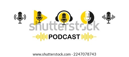 Podcast radio icon set . Podcast channel or radio logo design using microphone. Voice vector icon, record. Studio table microphone with broadcast text podcast Royalty-Free Stock Photo #2247078743