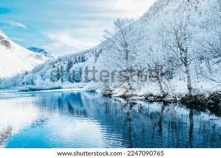 Picturesque landscape of a snowy winter mountain lake. Small lake next to the Saut Deth Pish waterfall during autumn and a snowy day, located in the Aran Valley, Pyrenees, Catalonia, Spain.  Royalty-Free Stock Photo #2247090765