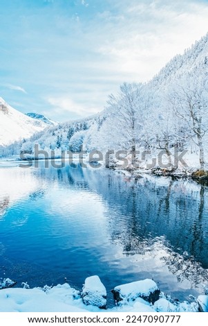 Picturesque landscape of a snowy winter mountain lake. Small lake next to the Saut Deth Pish waterfall during autumn and a snowy day, located in the Aran Valley, Pyrenees, Catalonia, Spain.